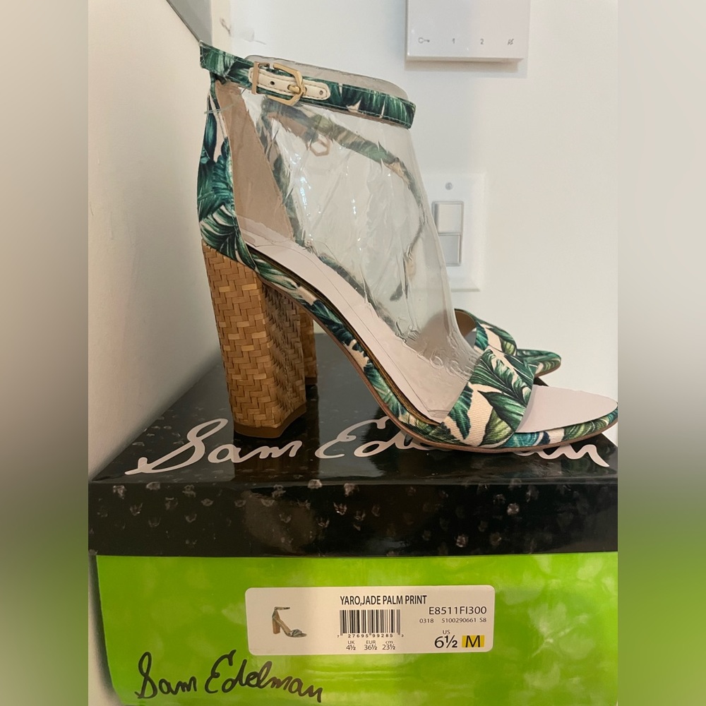 Sam Edelman Yaro Jade Palm Print Block Heel Pumps—6.5
